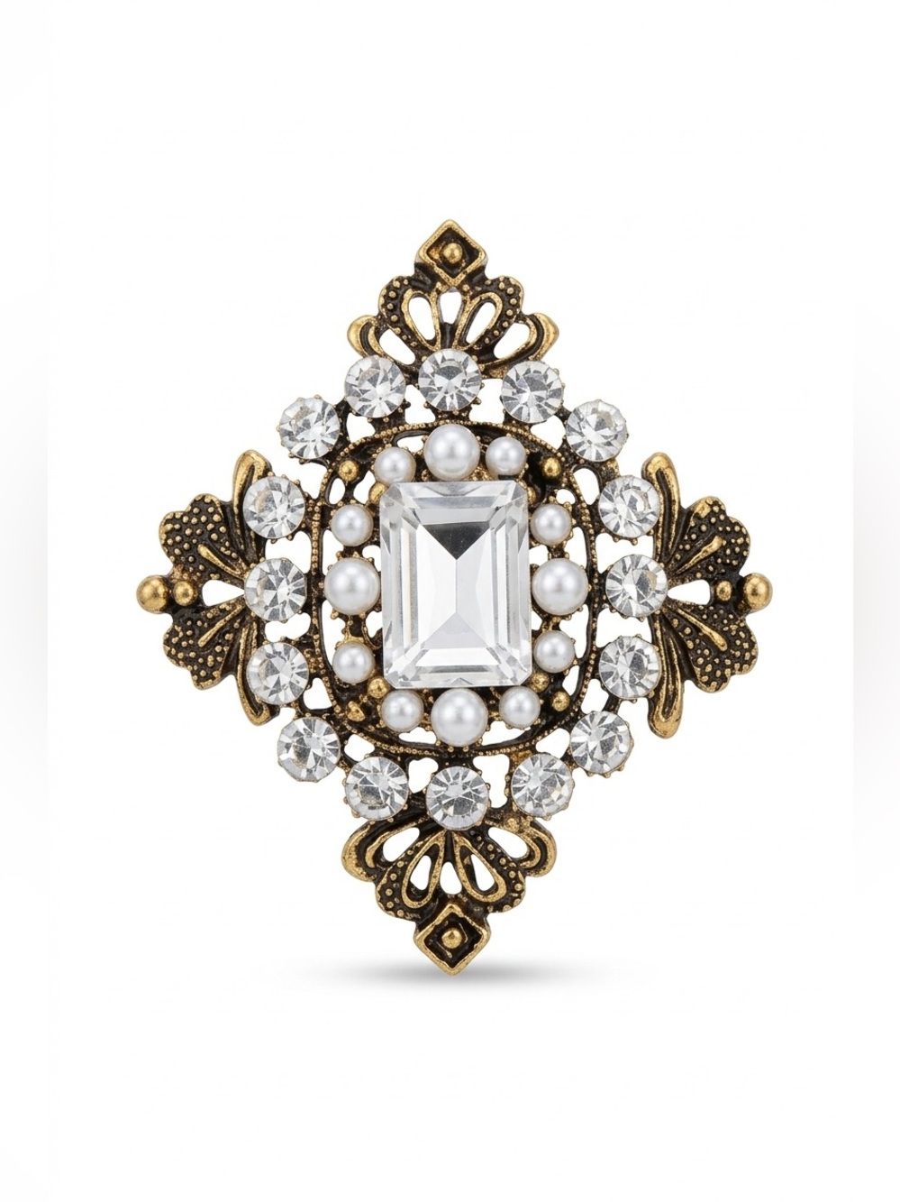 Vintage-Inspired Gold-tone Brooch with Clear Crystals and Pearls